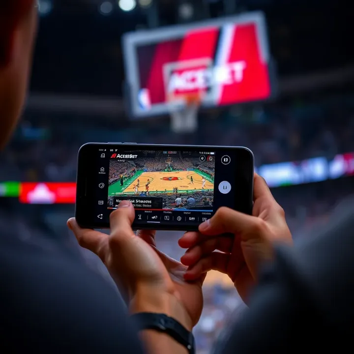 Smartphone showing AccessBet app streaming a basketball game with user-friendly controls