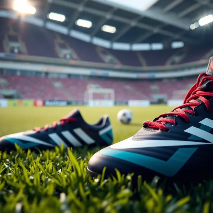 Close-up of football boots on lush green grass with a stadium background