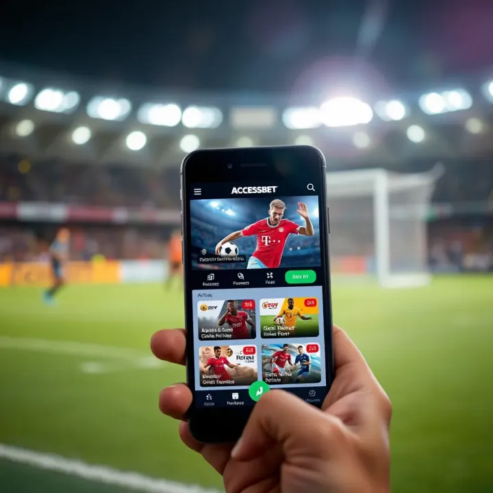 Mobile phone displaying AccessBet betting interface with football icons