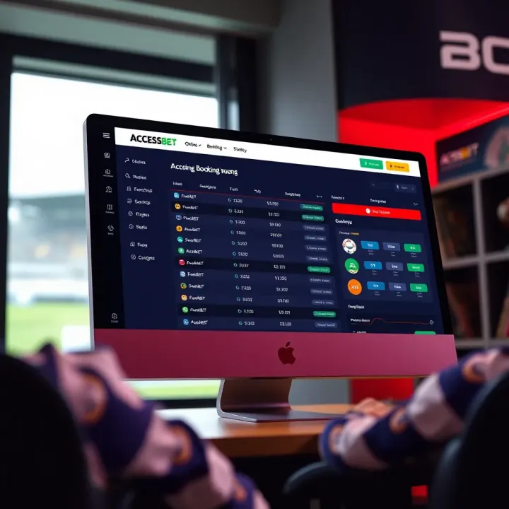 Illustration of a desktop screen displaying the AccessBet online booking feature with betting options and booking number