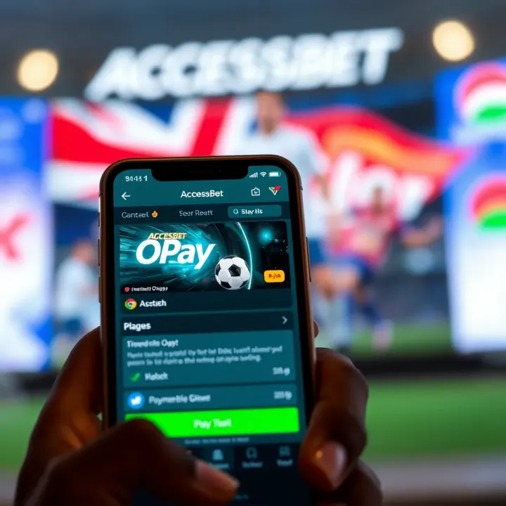 Mobile phone displaying AccessBet sports betting interface with OPay payment option visible