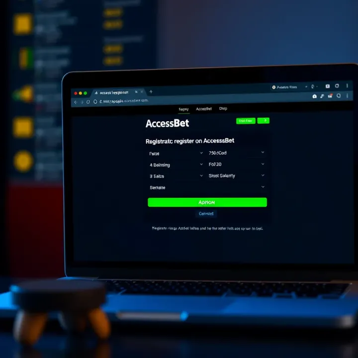 User interface showing AccessBet registration form on a laptop screen