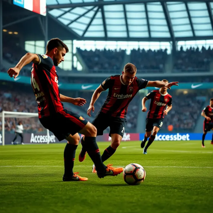 Football players competing for the ball during a Serie A match with stadium crowd in the background