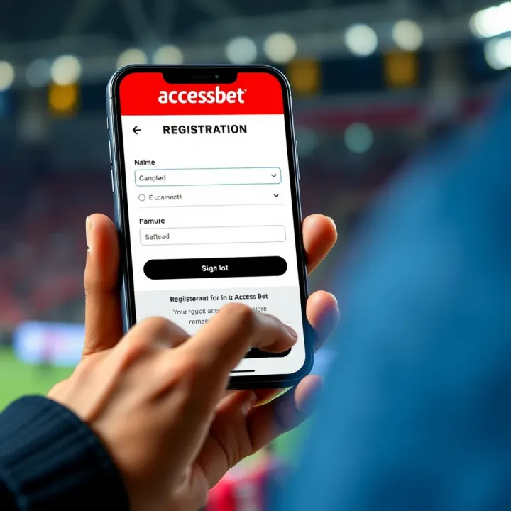 User navigating AccessBet registration form on mobile device for sports betting