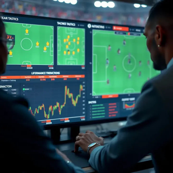 Soccer match analysis with tactics and team performance charts on digital screen