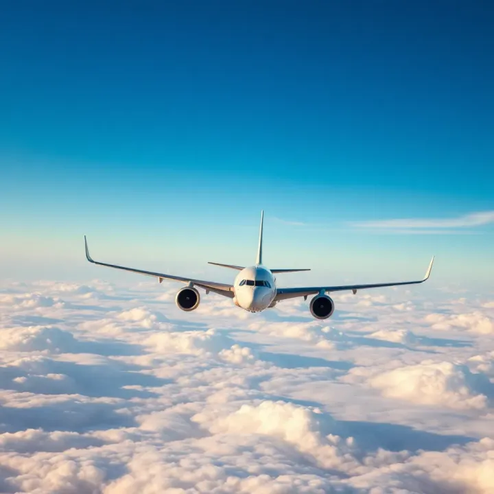Commercial airplane flying above the clouds against a clear blue sky