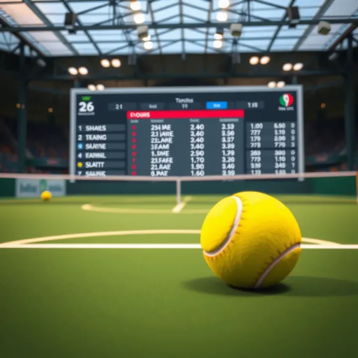 Tennis court with a tennis ball and betting odds overlay on a digital screen