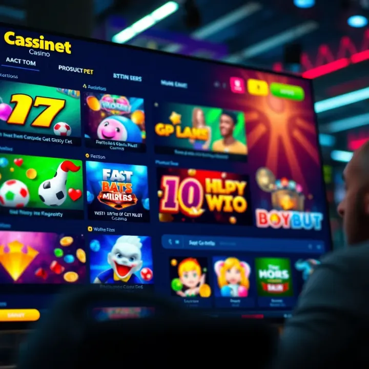 Colorful online casino interface displaying various slot games and betting options