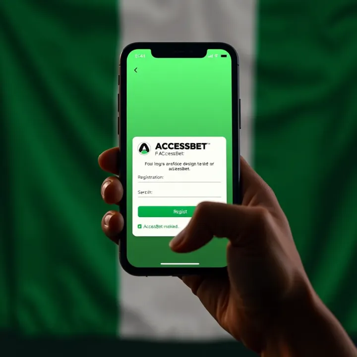 Mobile phone screen displaying AccessBet registration page with Nigerian flag background