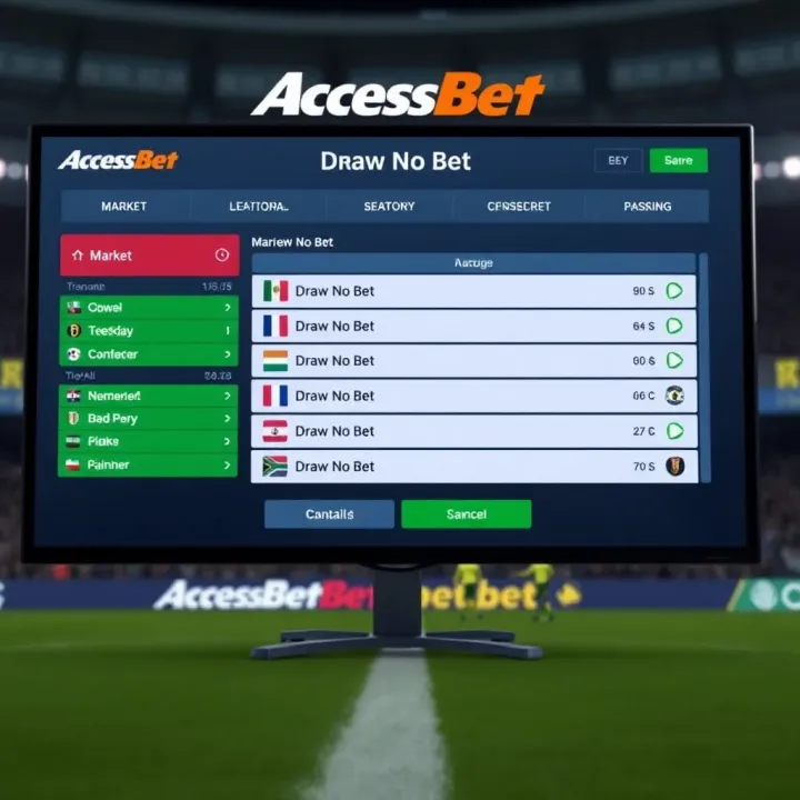Screenshot of AccessBet betting interface showing Draw No Bet market selection