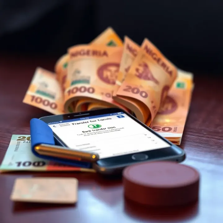Nigerian currency notes next to a smartphone showing bank transfer confirmation