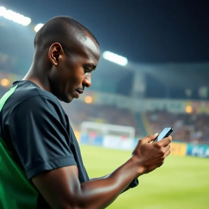 Nigerian user navigating football scores on an older mobile phone using AccessBet platform