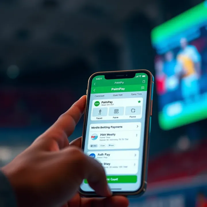 Mobile phone displaying PalmPay app with secure payment features for online betting transactions