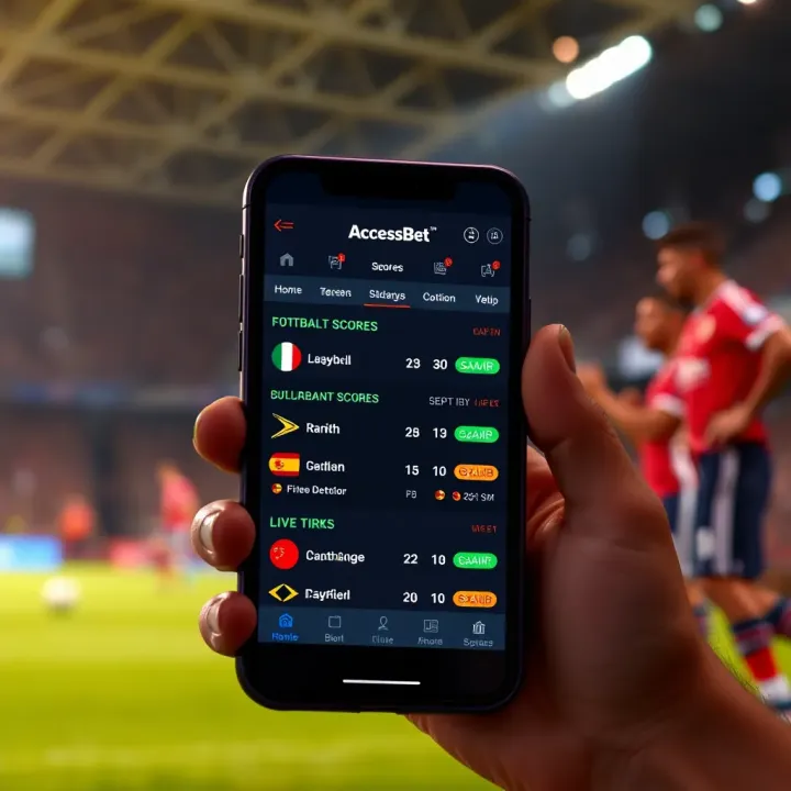 Mobile phone showing live football scores and betting interface on AccessBet platform