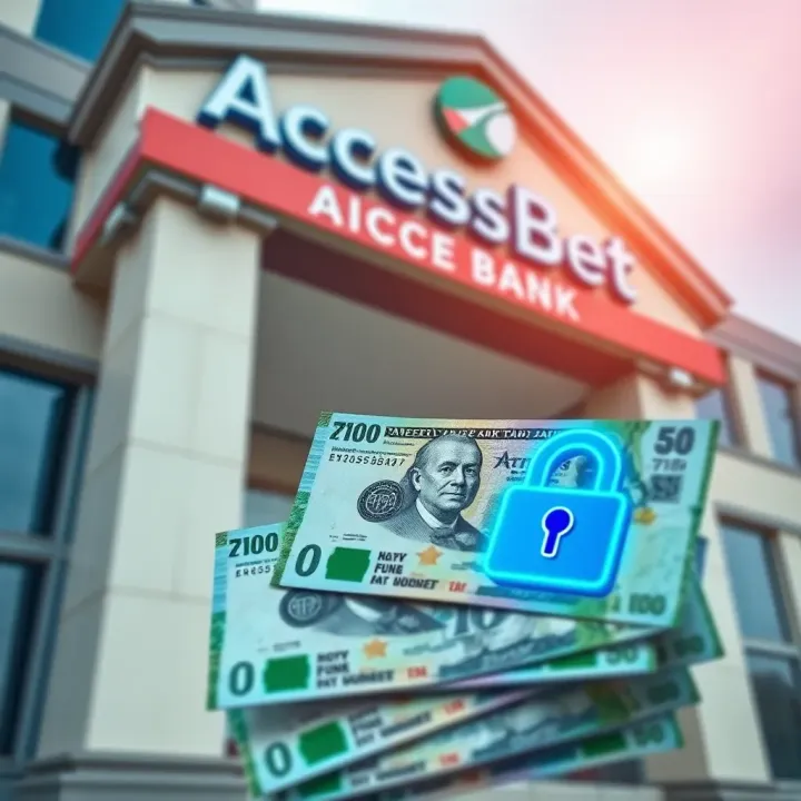 Bank building with Nigerian currency notes and a digital transaction icon representing secure fund transfer