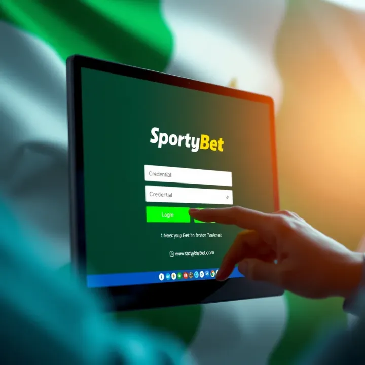 User entering credentials on SportyBet login screen with Nigerian flag background