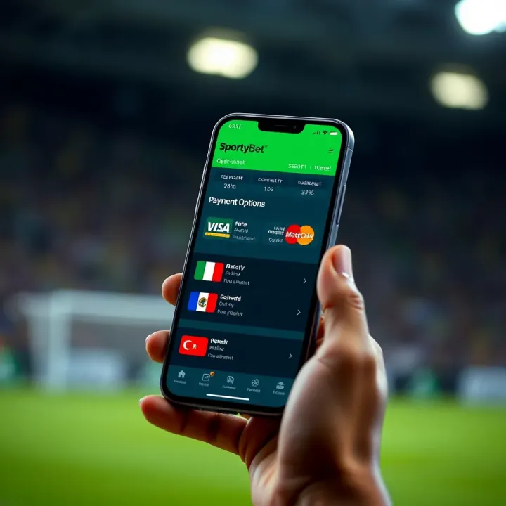 Mobile phone displaying SportyBet app interface with icons of local Nigerian payment methods