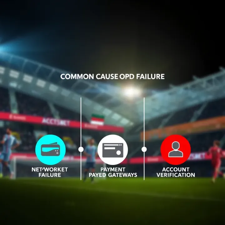 Graphic displaying common causes of deposit failures on online betting platforms with icons representing network, payment gateway, and account verification challenges