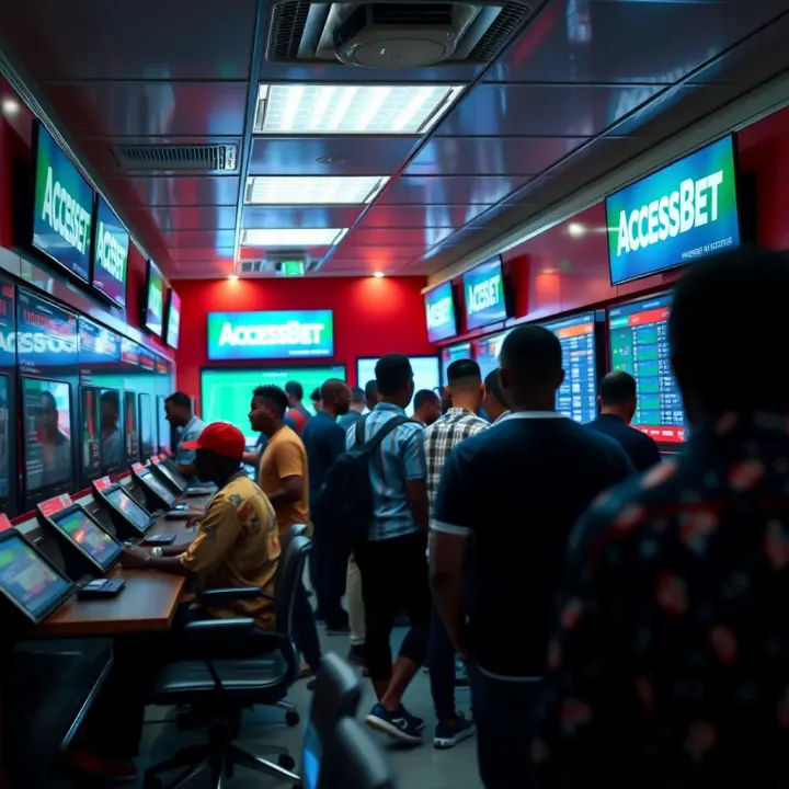 Interior of a bustling AccessBet shop showing betting terminals and patrons reviewing betting options