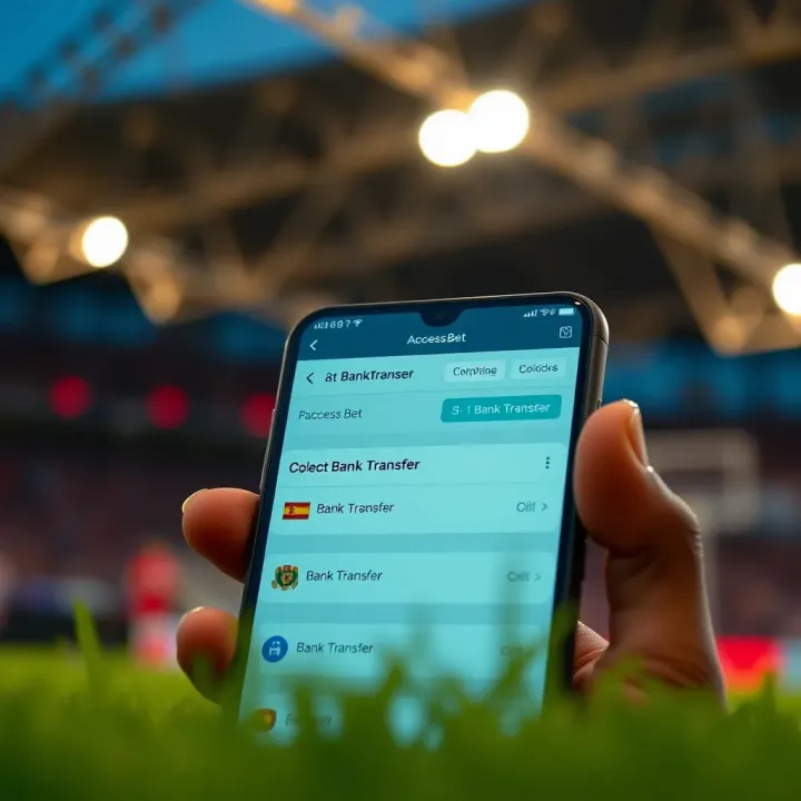 Mobile phone screen displaying AccessBet withdrawal options with bank transfer highlighted